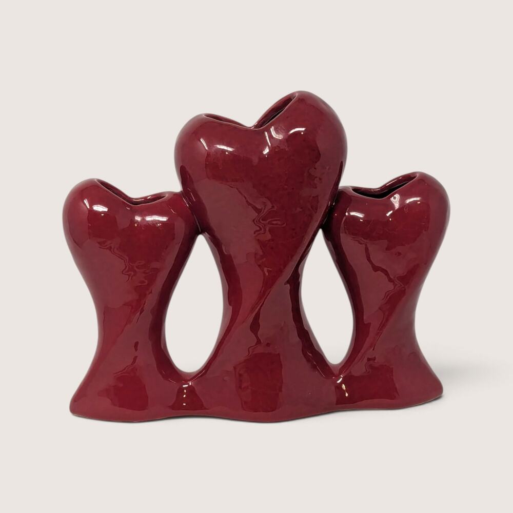 Red Ceramic Triple Heart Vase Glossy Multi Bud Floral Holder Mantel Decor